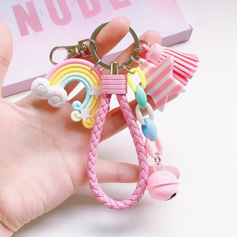 Car Accessories Wholesale - シリコーンキーリング女性のためのかわいいシェルレインボーキーホルダーチャームカラフルなベルキーホルダーカーアクセサリージュエリー卸売トレンド新