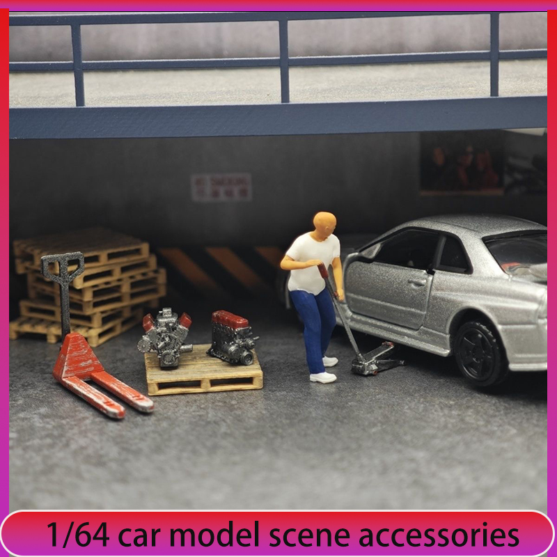Car Accessories Shop - 1:64 車模型修理工場シーン装飾、ジャッキ、ミニフィギュア、エンジン改造アクセサリー