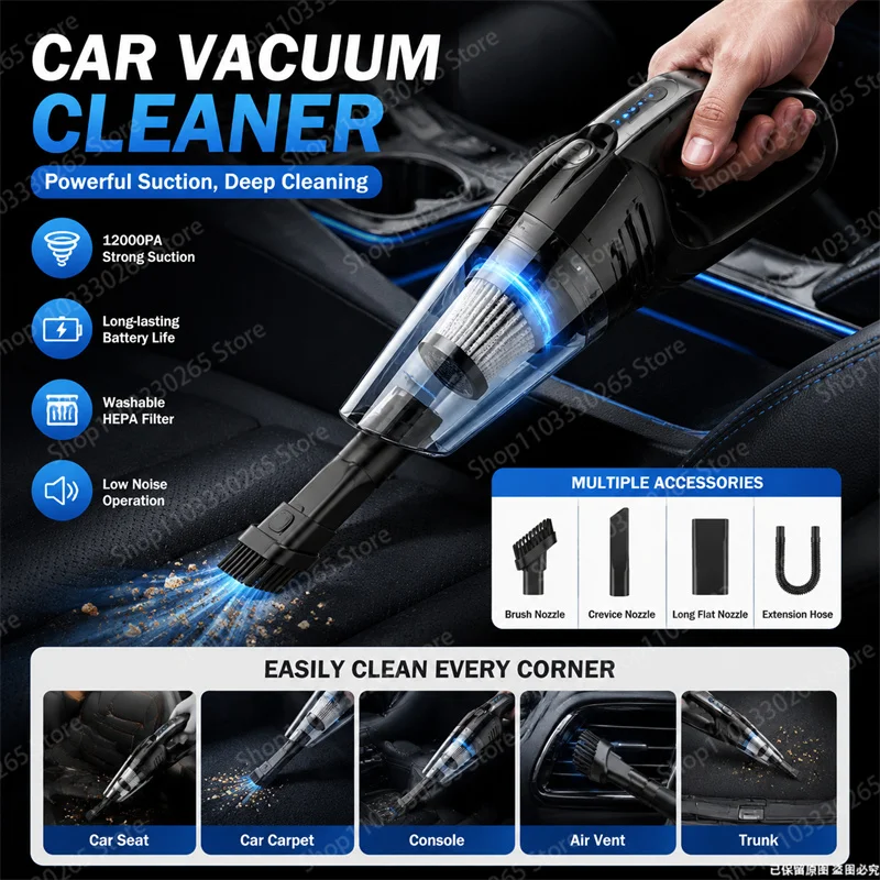 Car Vacuum Cleaner - ポータブルコードレス車用掃除機 12000PA 強力吸引 低騒音 HEPAフィルター ハンドヘルド自動掃除ツールキット